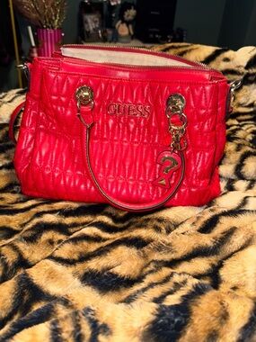 Guess Quilted Red Satchel with Gold Hardware